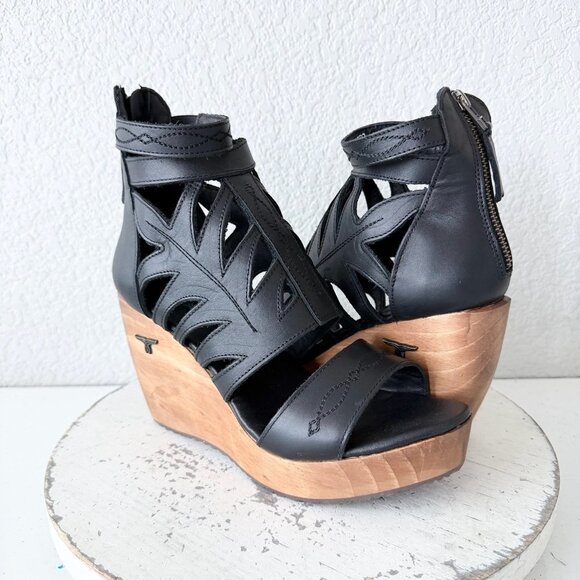 Lane Boots BECCA Womens Black Wedges 8 Western Sandals Cowgirl Wooden Heels - Picture 10 of 10